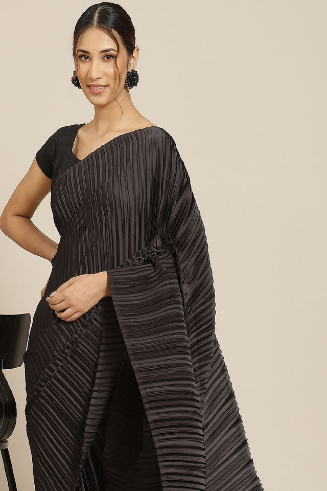 Women's Black Satin Silk Saree