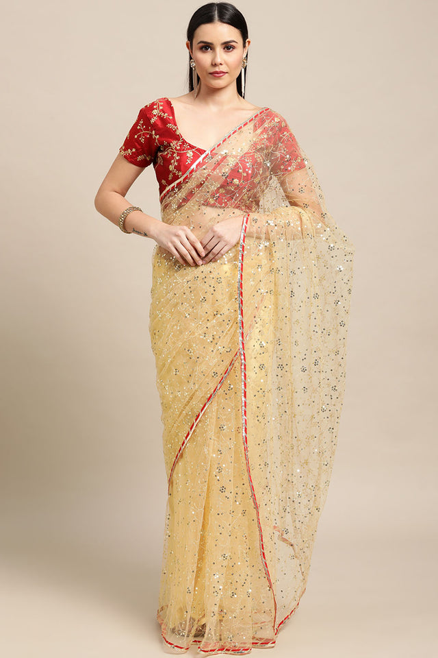 Cream Embroidered Net Saree
