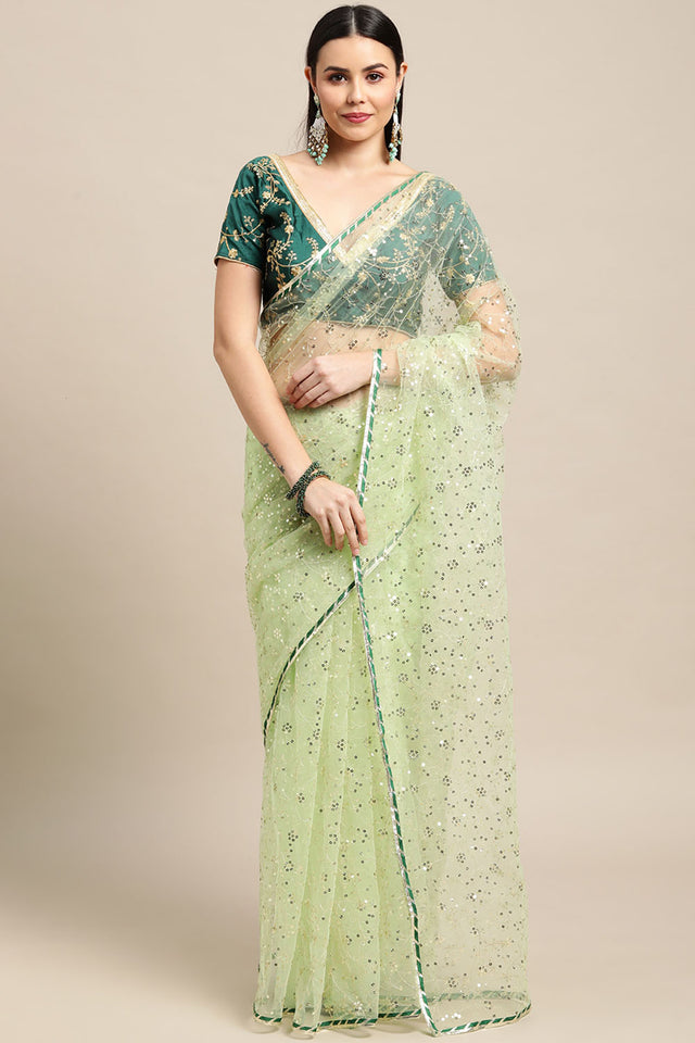 Green Embroidered Net Saree