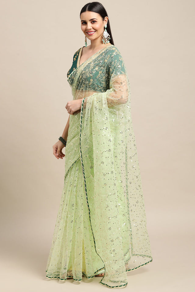 Green Embroidered Net Saree