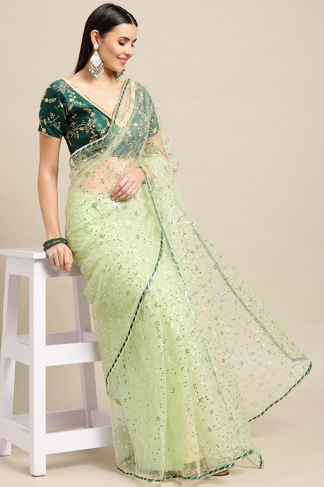 Green Embroidered Net Saree
