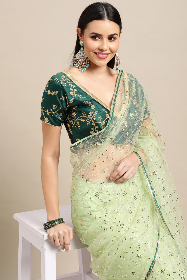 Green Embroidered Net Saree