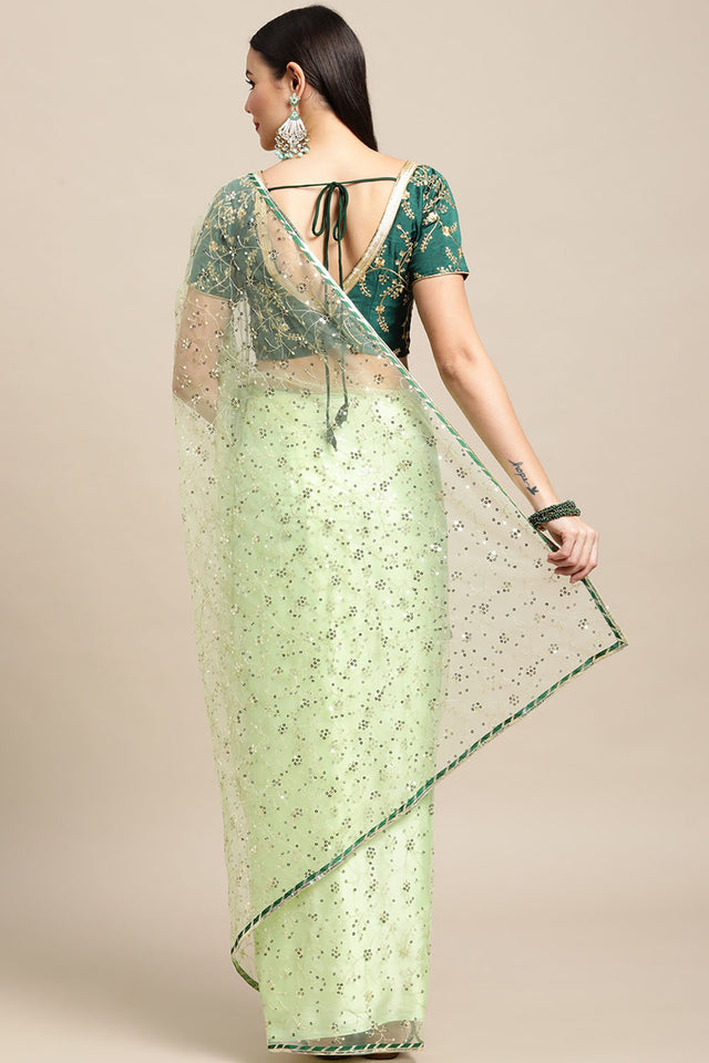 Green Embroidered Net Saree