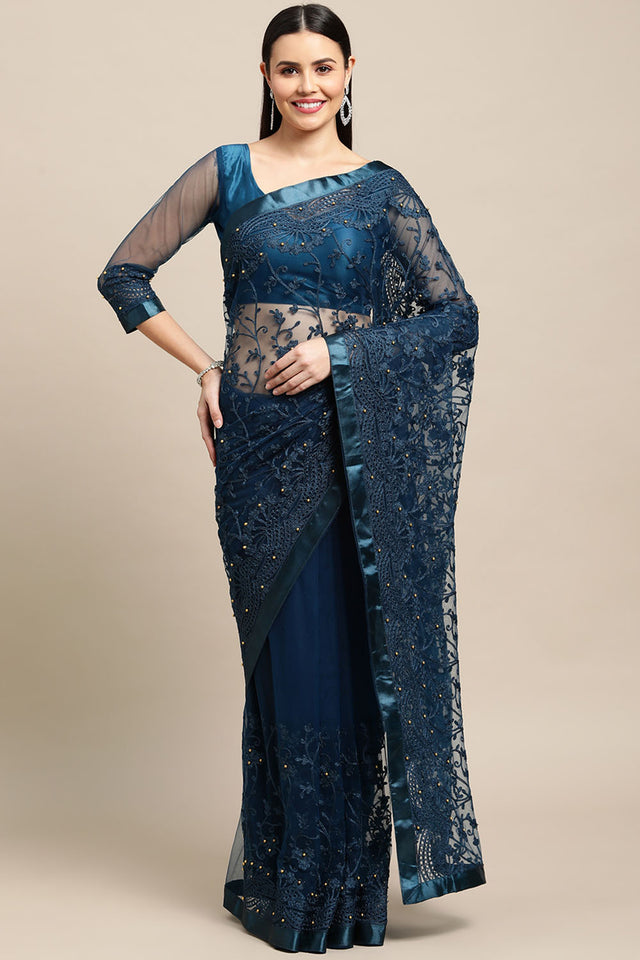 Turquoise Embroidered Net Saree