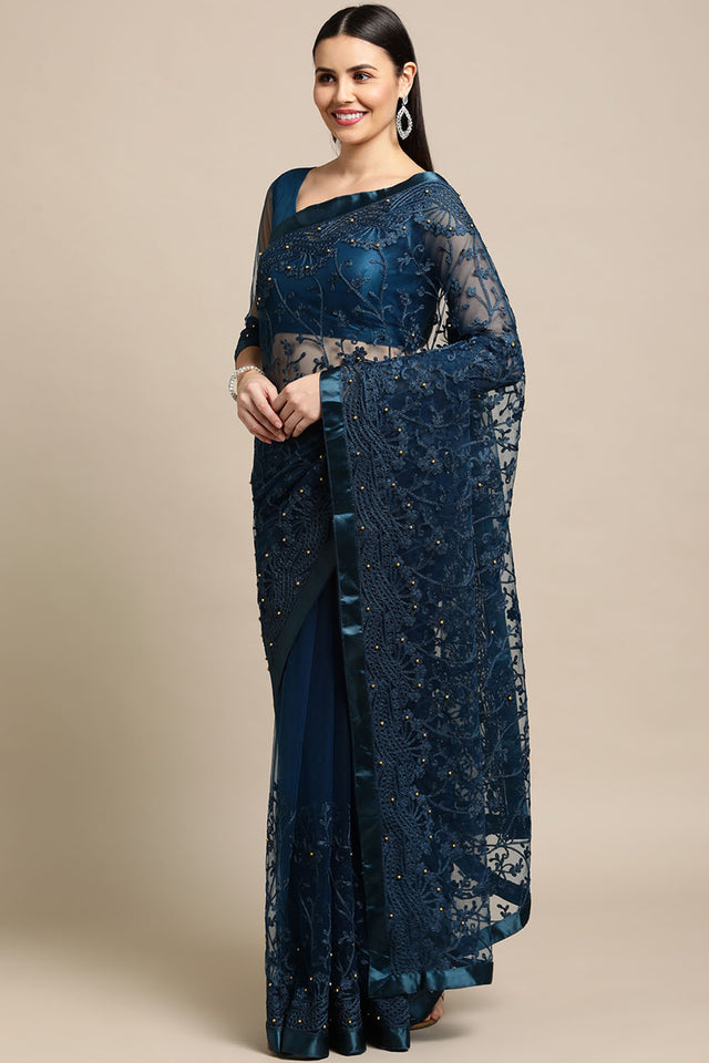 Turquoise Embroidered Net Saree