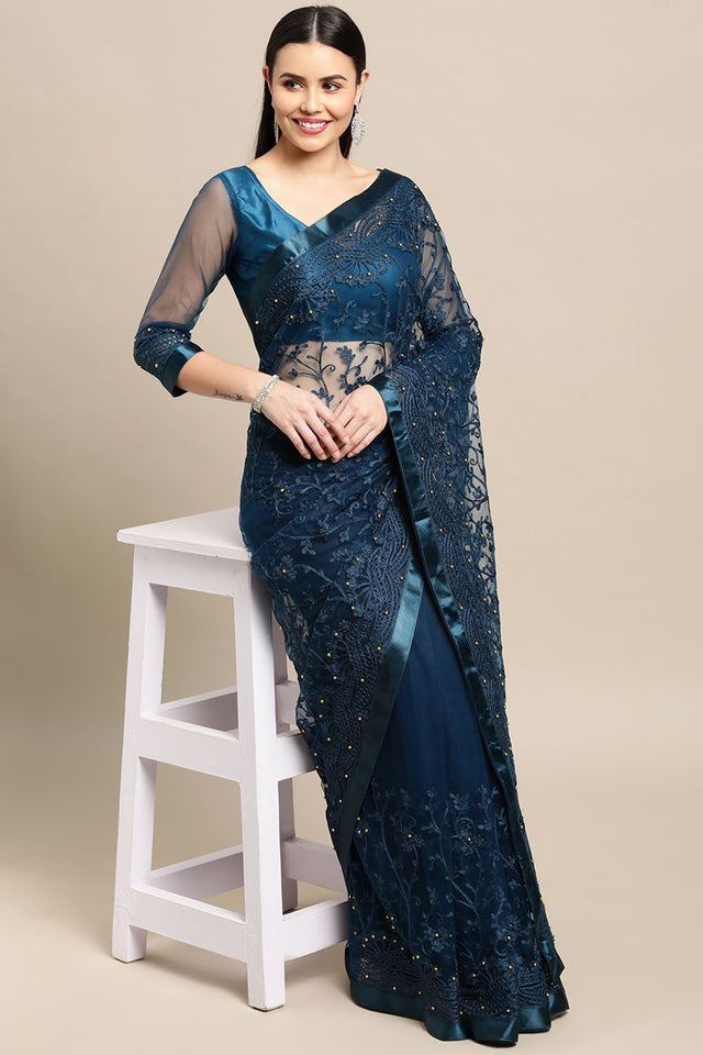 Turquoise Embroidered Net Saree