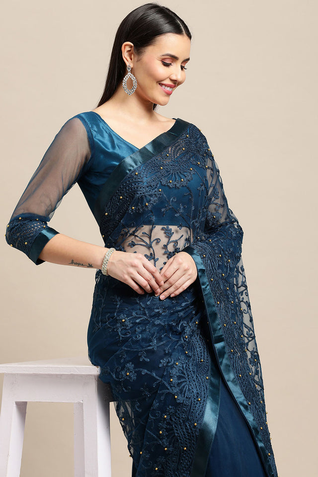 Turquoise Embroidered Net Saree