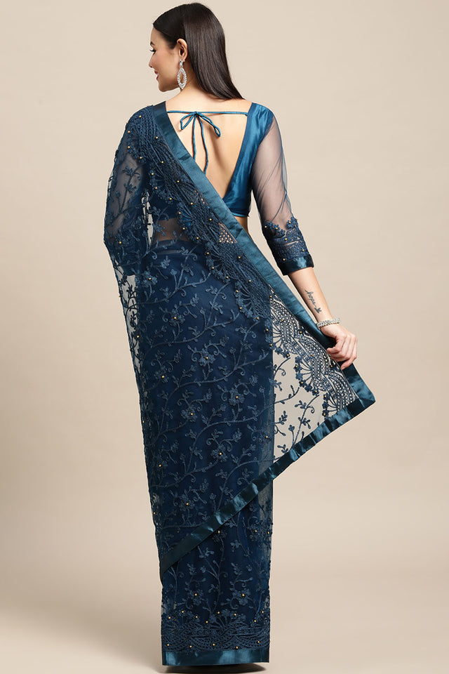 Turquoise Embroidered Net Saree