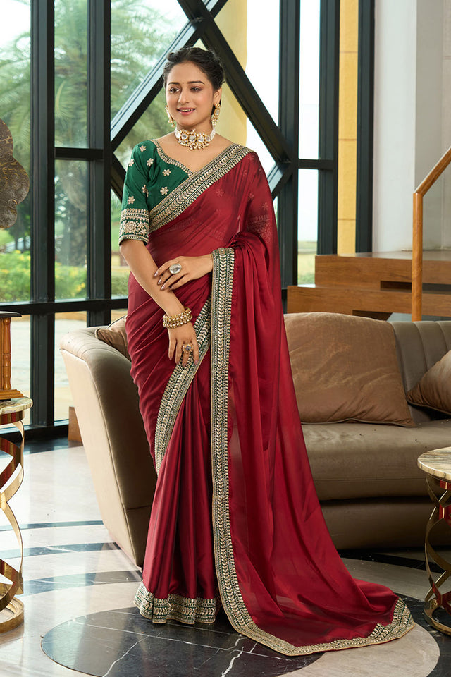 Maroon Solid Silk Saree