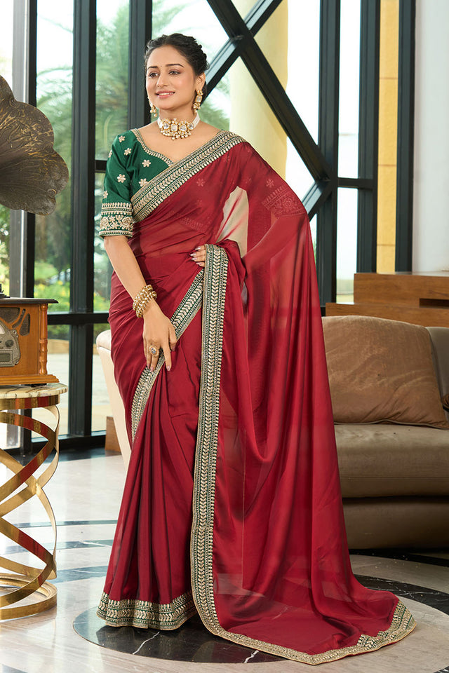 Maroon Solid Silk Saree