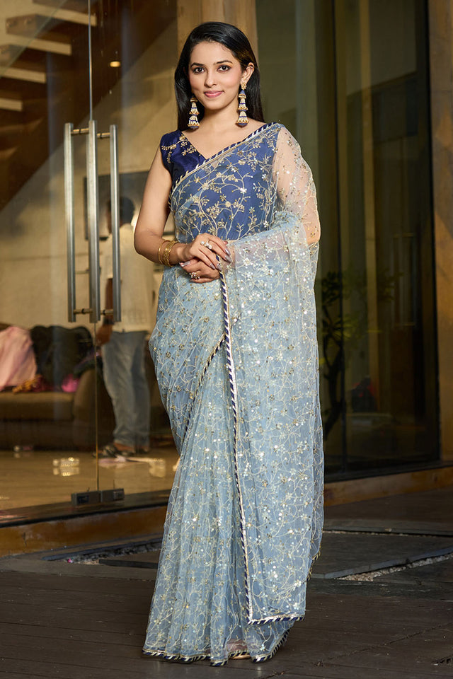 Grey Embroidered Net Saree