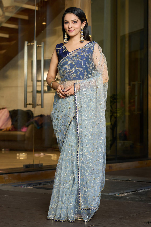 Grey Embroidered Net Saree