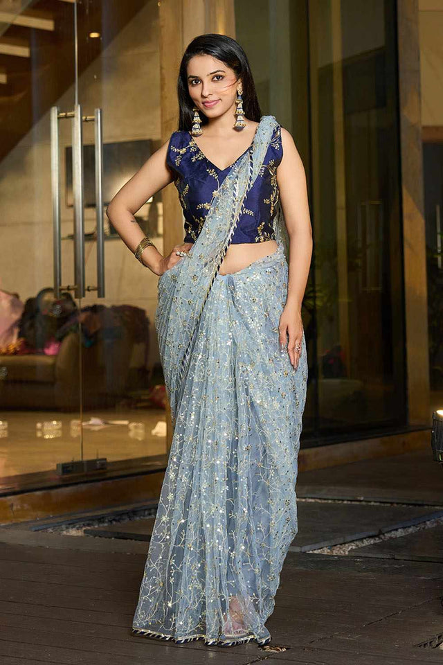 Grey Embroidered Net Saree