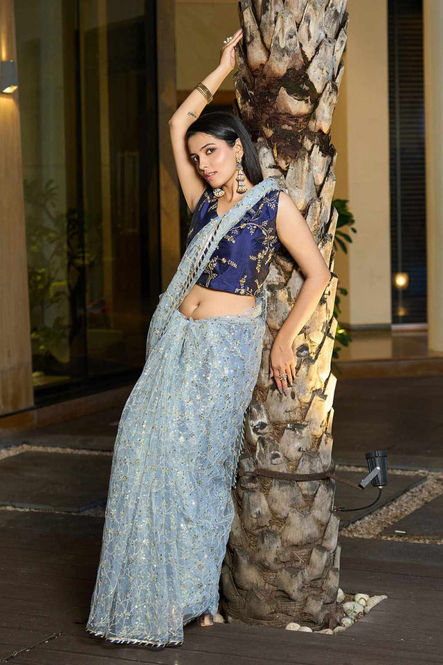 Grey Embroidered Net Saree