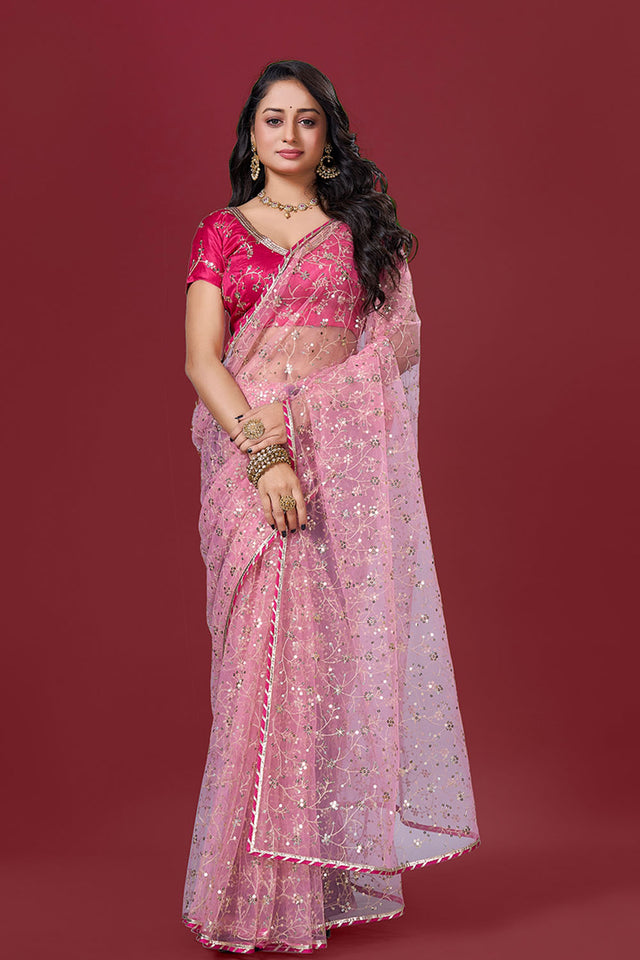 Pink Embroidered Net Saree