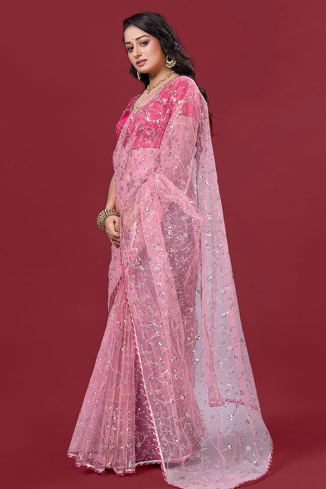 Pink Embroidered Net Saree