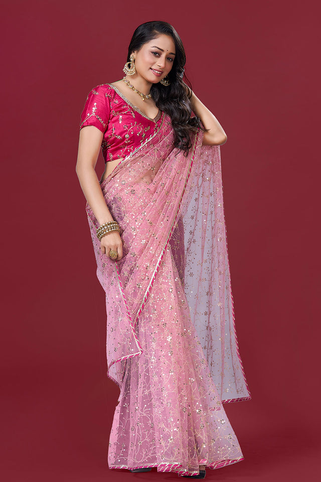 Pink Embroidered Net Saree