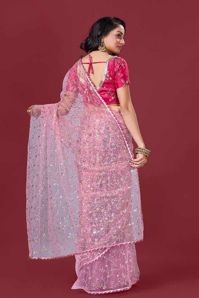 Pink Embroidered Net Saree