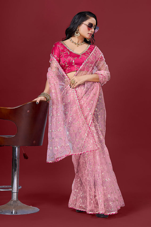 Pink Embroidered Net Saree