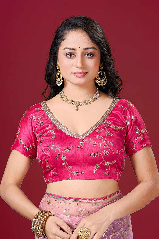 Pink Embroidered Net Saree