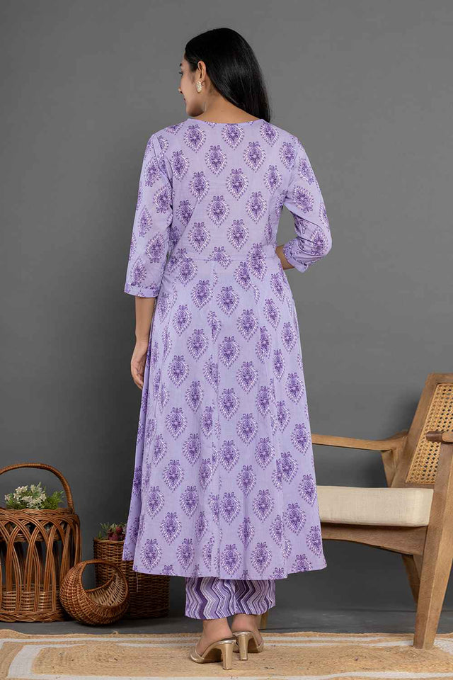 Violet Ethnic Motifs Pure Cotton Kurti Pant Set