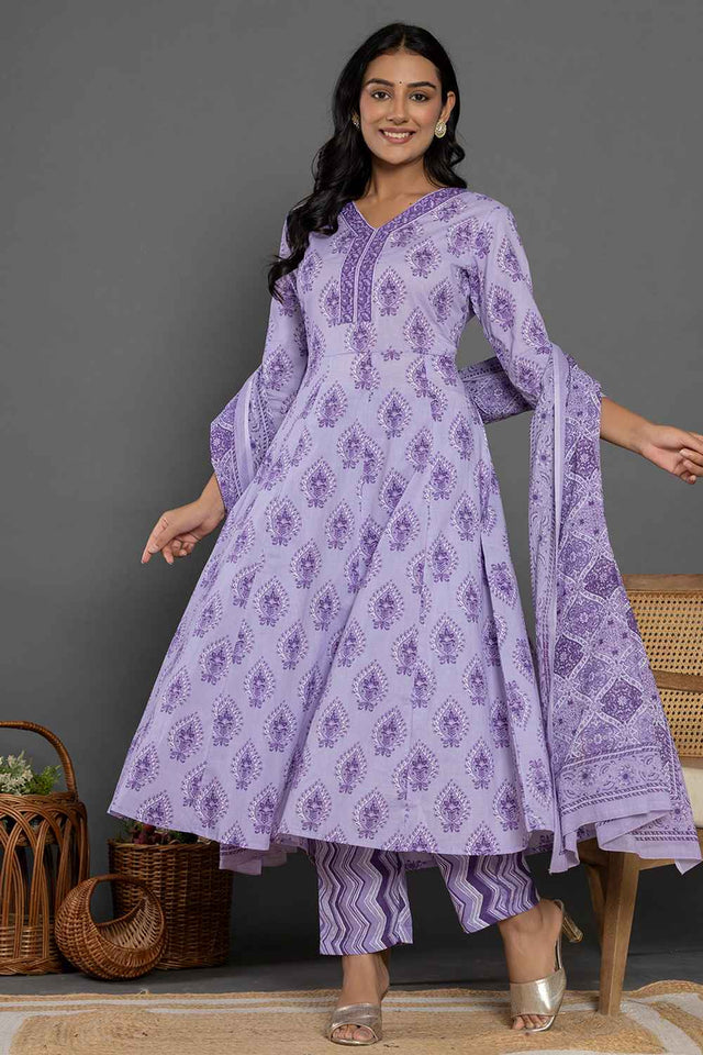 Violet Ethnic Motifs Pure Cotton Kurti Pant Set