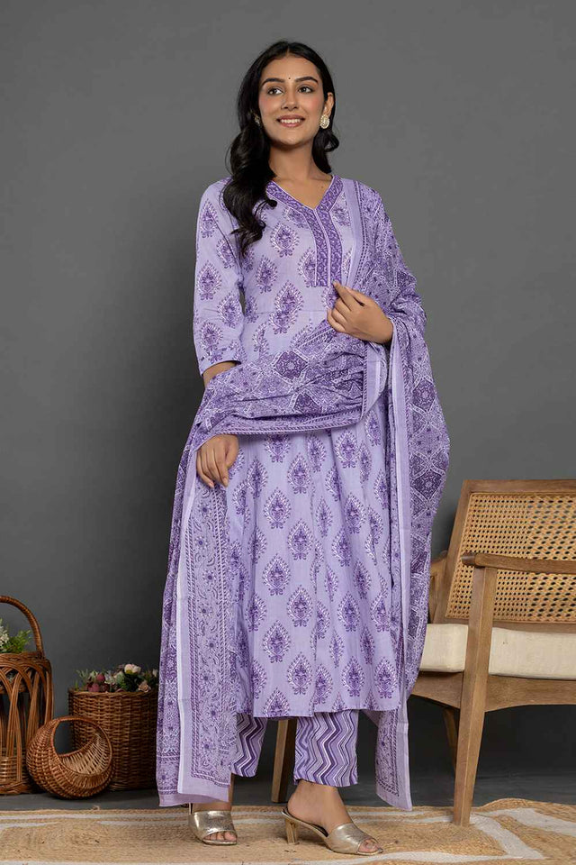 Violet Ethnic Motifs Pure Cotton Kurti Pant Set