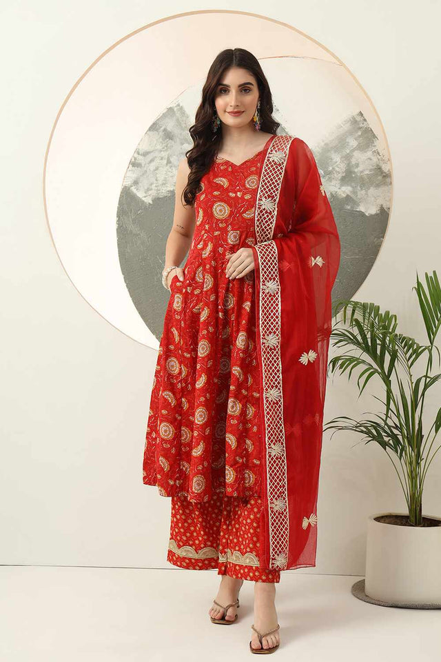 Red Floral Printed Cotton Kurti Pant Set