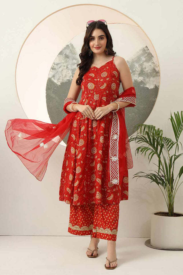 Red Floral Printed Cotton Kurti Pant Set