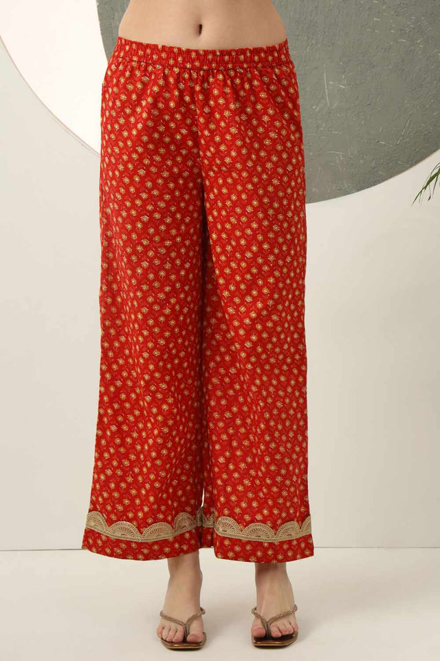 Red Floral Printed Cotton Kurti Pant Set