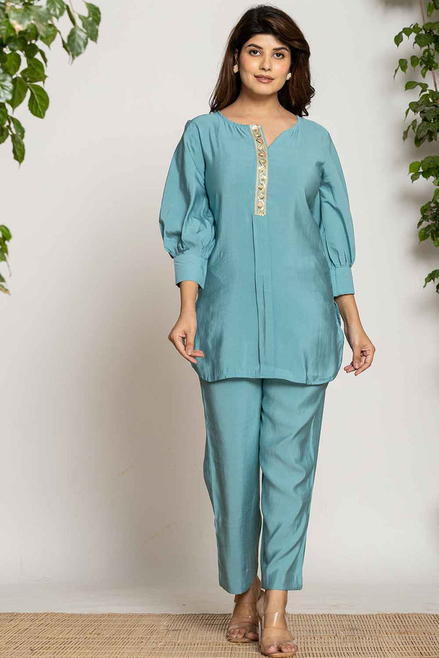 Turquoise Sequins Silk Co-Ord Set (6015CRDTB)
