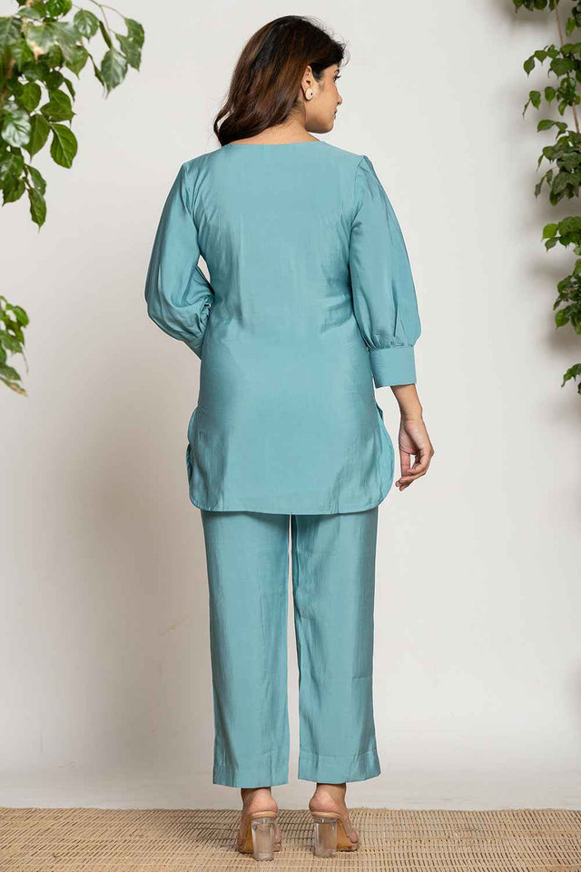 Turquoise Sequins Silk Co-Ord Set (6015CRDTB)