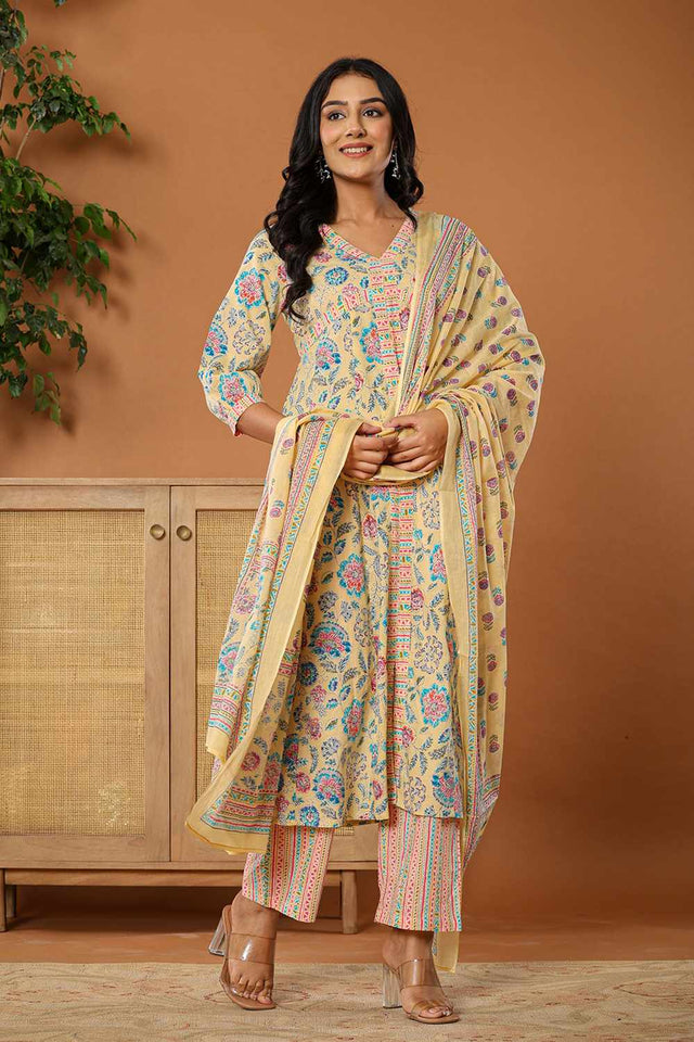 Yellow Floral Print Cotton Kurti Pant Set