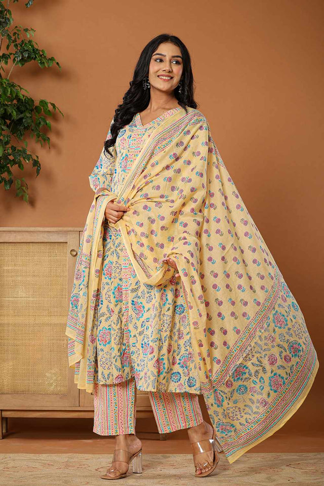 Yellow Floral Print Cotton Kurti Pant Set