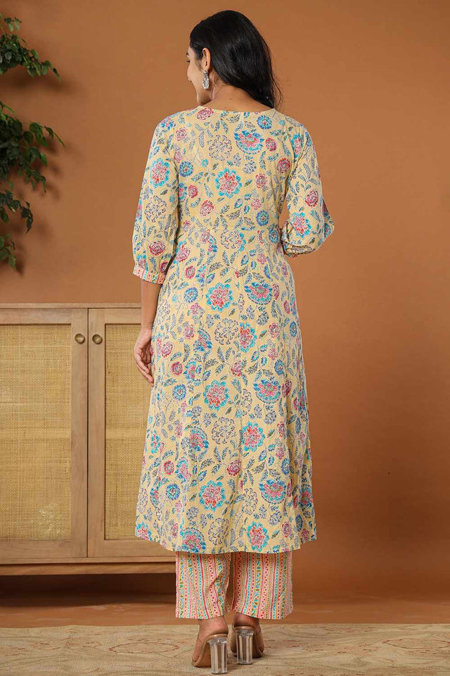 Yellow Floral Print Cotton Kurti Pant Set