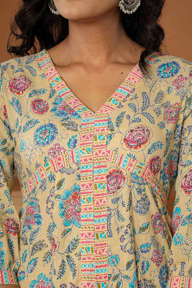 Yellow Floral Print Cotton Kurti Pant Set