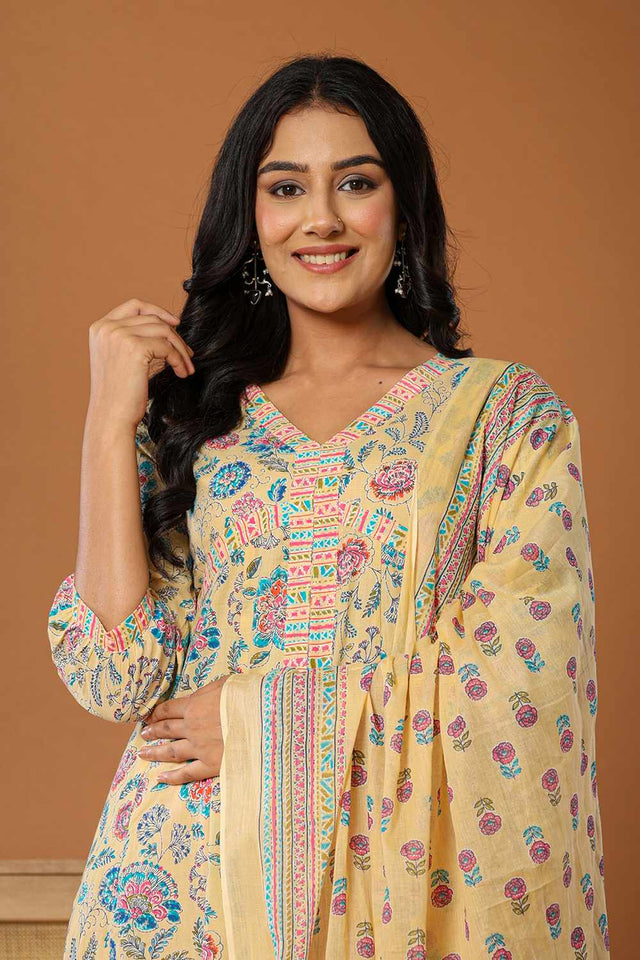 Yellow Floral Print Cotton Kurti Pant Set