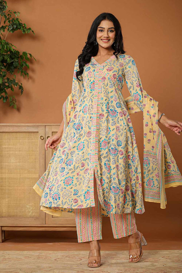 Yellow Floral Print Cotton Kurti Pant Set
