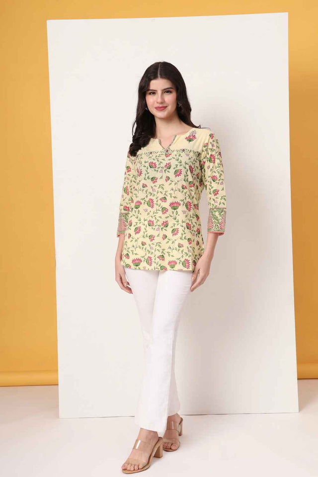 Yellow Floral Printed Pure Cotton Tops