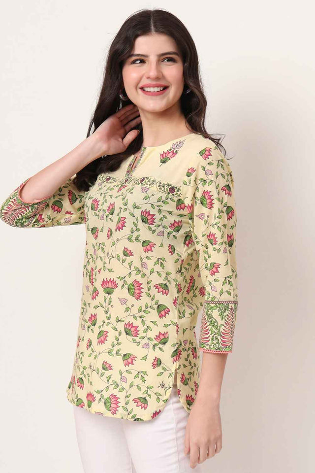 Yellow Floral Printed Pure Cotton Tops