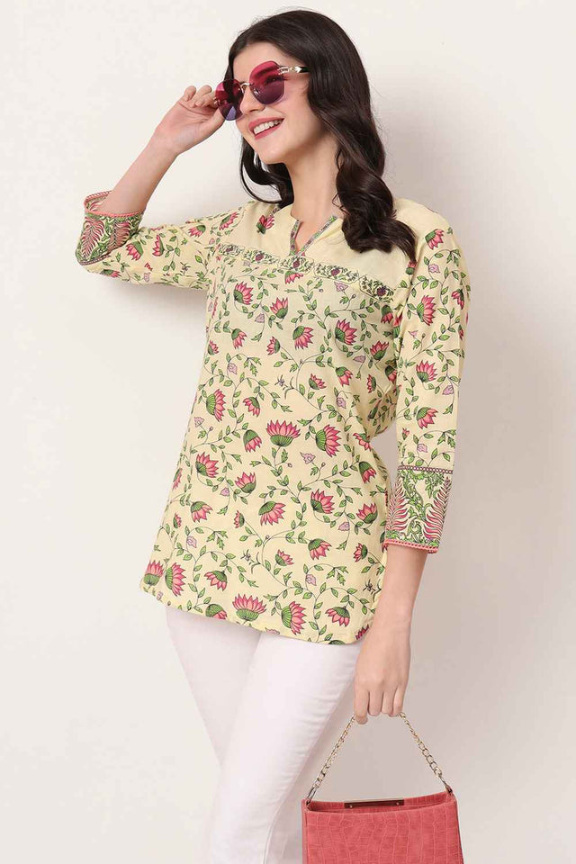 Yellow Floral Printed Pure Cotton Tops