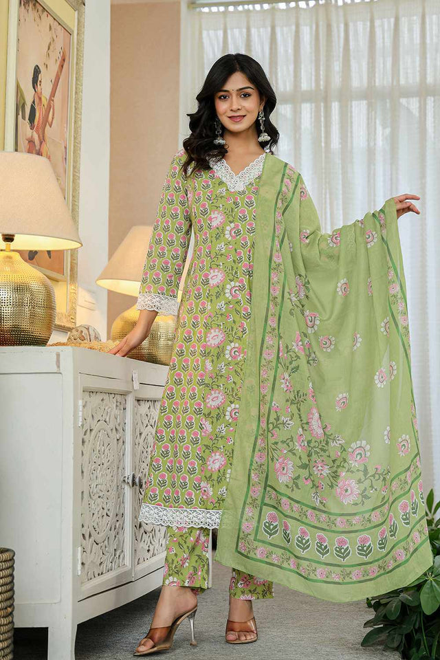 Green Floral Print Cotton Kurti Pant Set