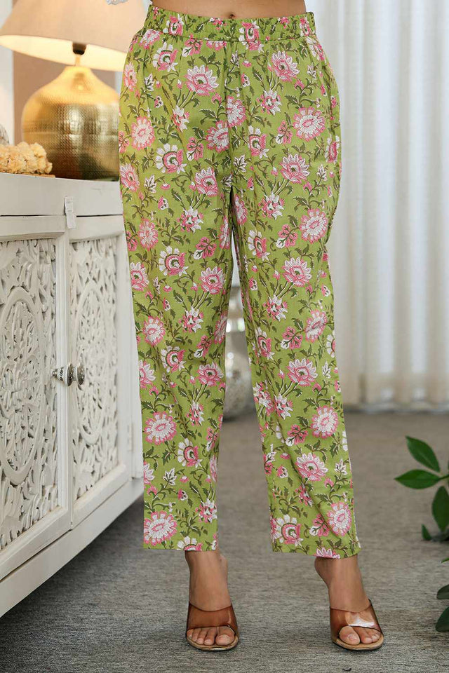 Green Floral Print Cotton Kurti Pant Set