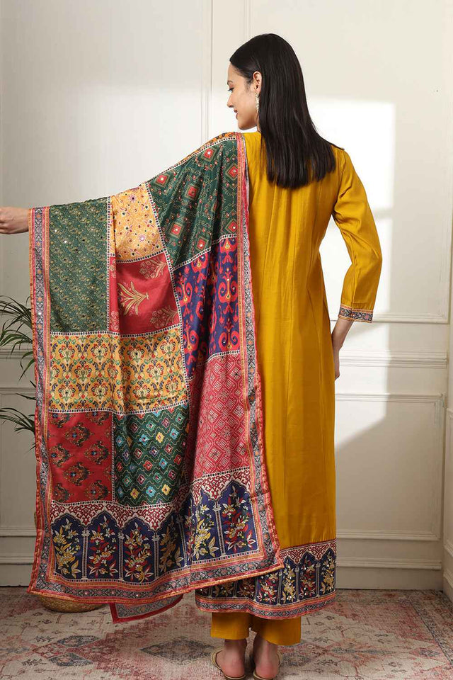 Yellow Solid Beads and Stones Embossed Silk Kurti Pant Set