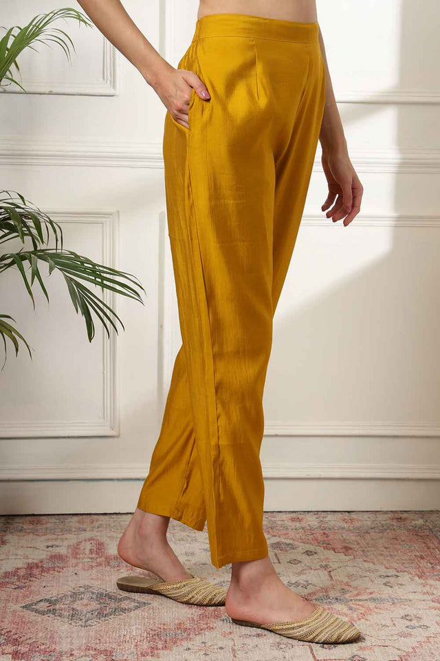 Yellow Solid Beads and Stones Embossed Silk Kurti Pant Set