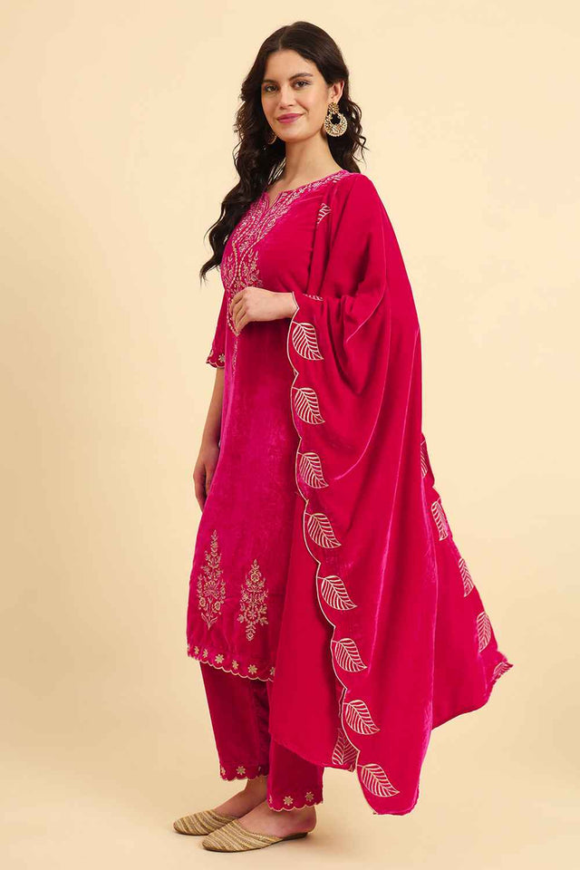 Pink Solid Thread Work Velvet Kurti Pant Set (6042SKDPK)