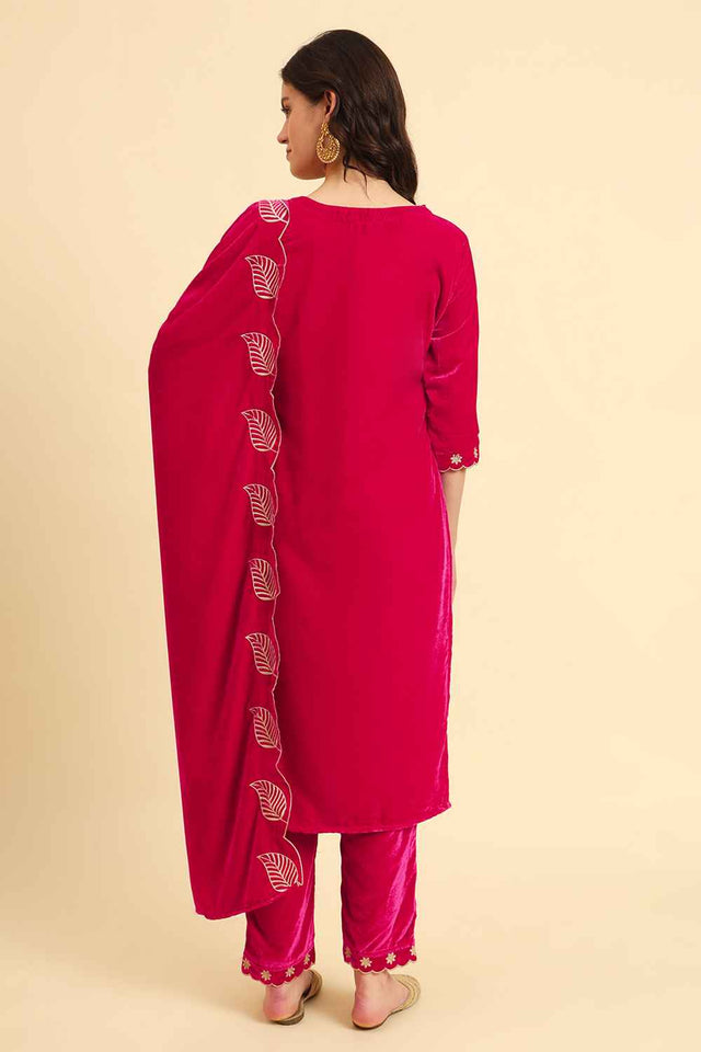 Pink Solid Thread Work Velvet Kurti Pant Set (6042SKDPK)