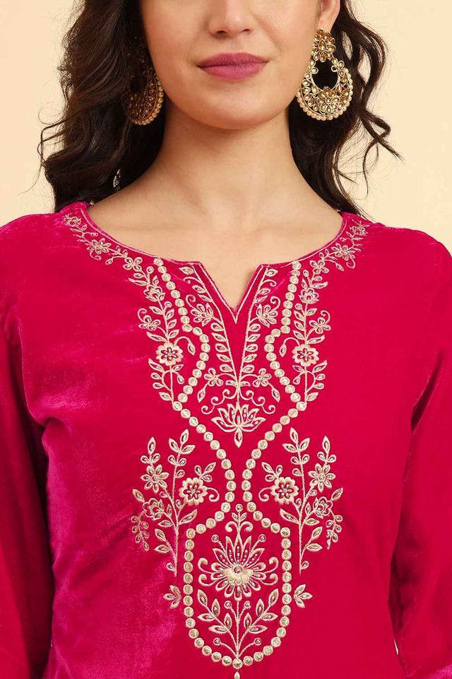 Pink Solid Thread Work Velvet Kurti Pant Set (6042SKDPK)