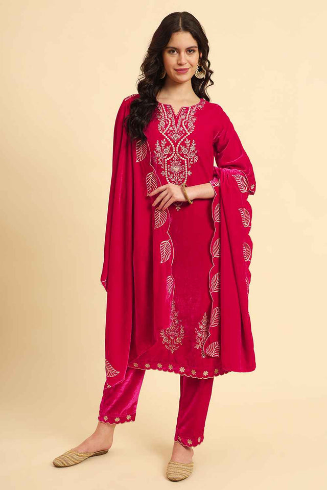 Pink Solid Thread Work Velvet Kurti Pant Set (6042SKDPK)