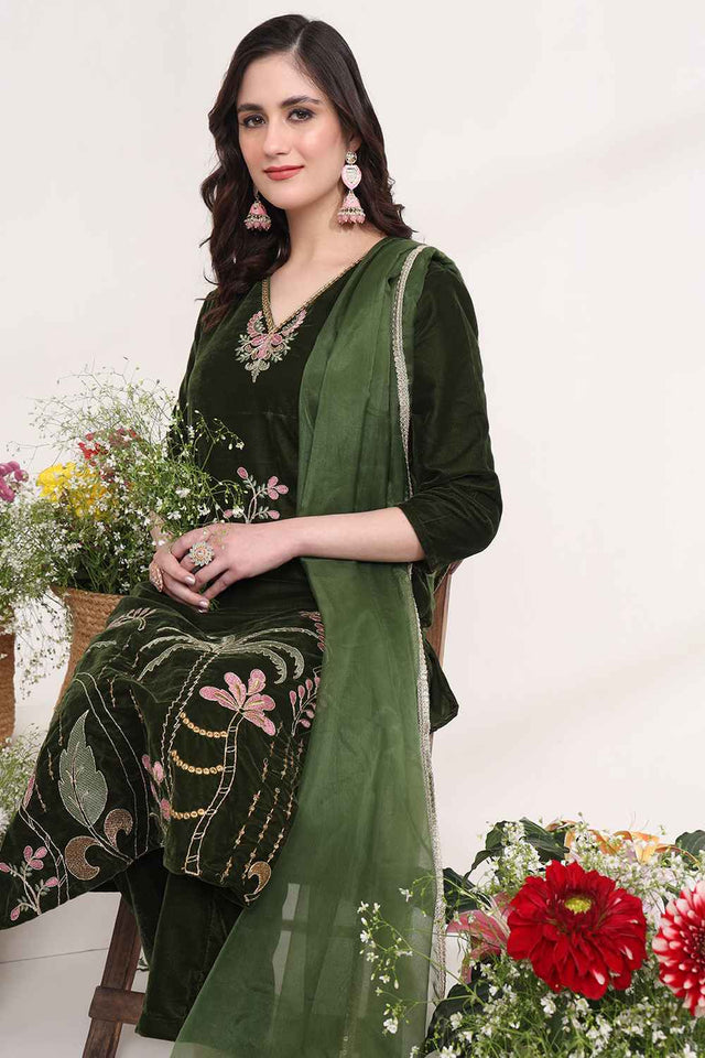Olive Floral Velvet Kurti Pant Set (6049SKDOL)